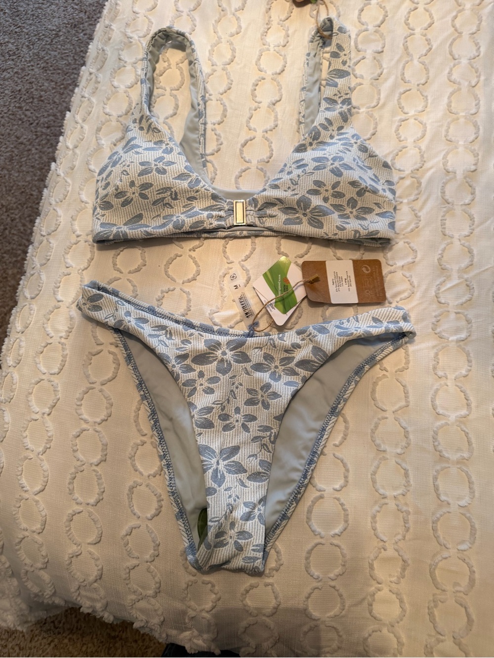 Floral Textured Light Blue Bikini Set - Women